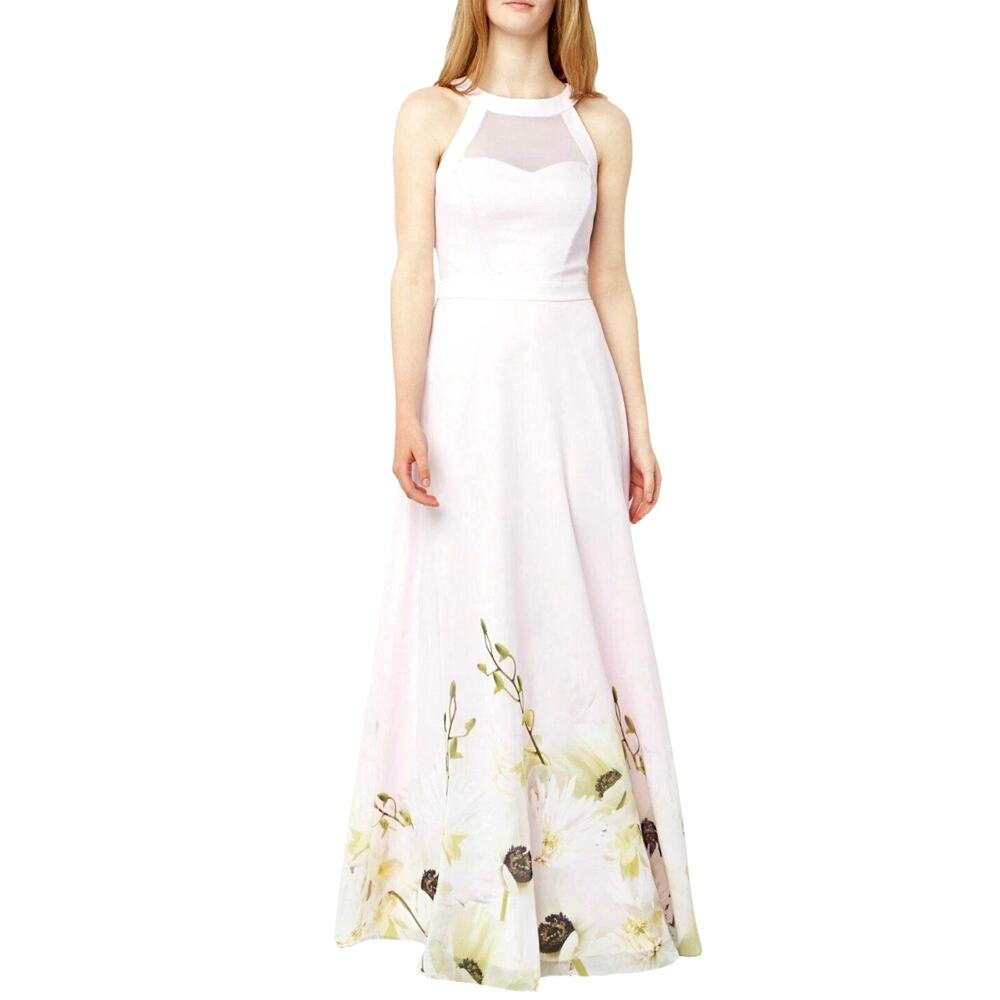 Ted Baker London Adanya Size 0 Pink Floral Maxi Dress Sheer Illusion Sleeveless